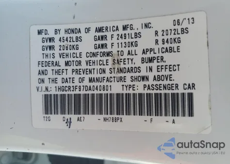 2013 Honda Accord Touring z USA, uszkodzony, nr VIN 1HGCR3F97DA040801